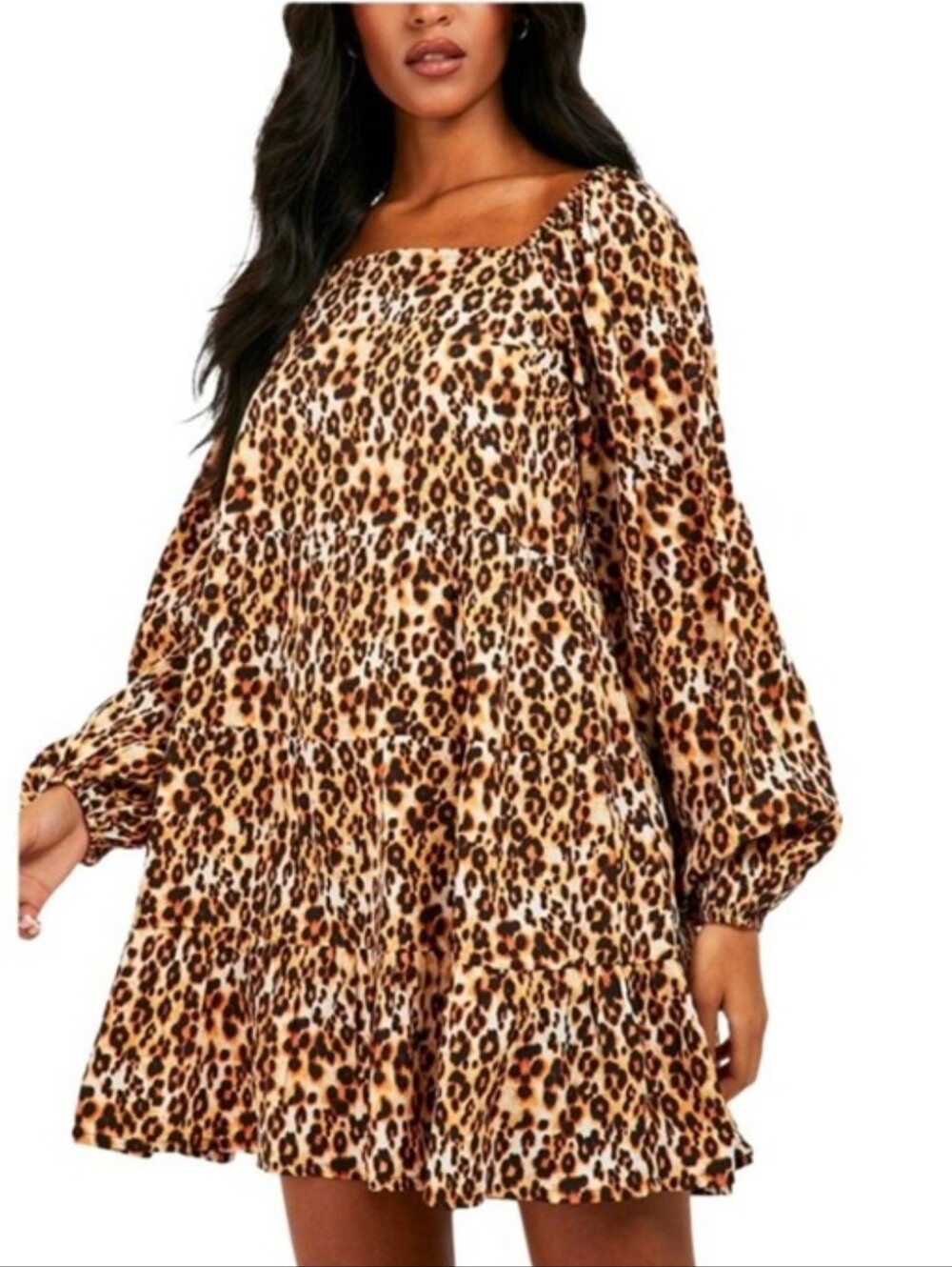 #K167 Women's Brown Leopard Print Ruffle Hem Dress